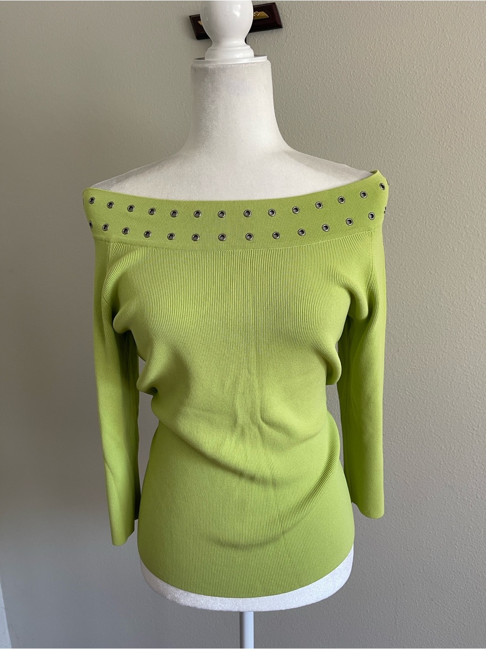 Off-the-Shoulder Lime Green Sweater with Grommet Detail